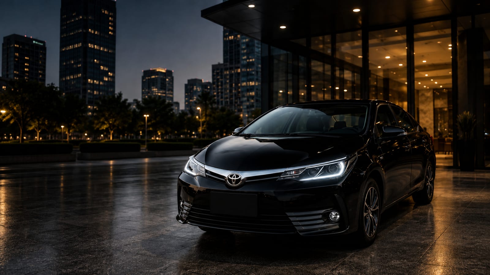 Sedan executivo preto em frente a prédio corporativo