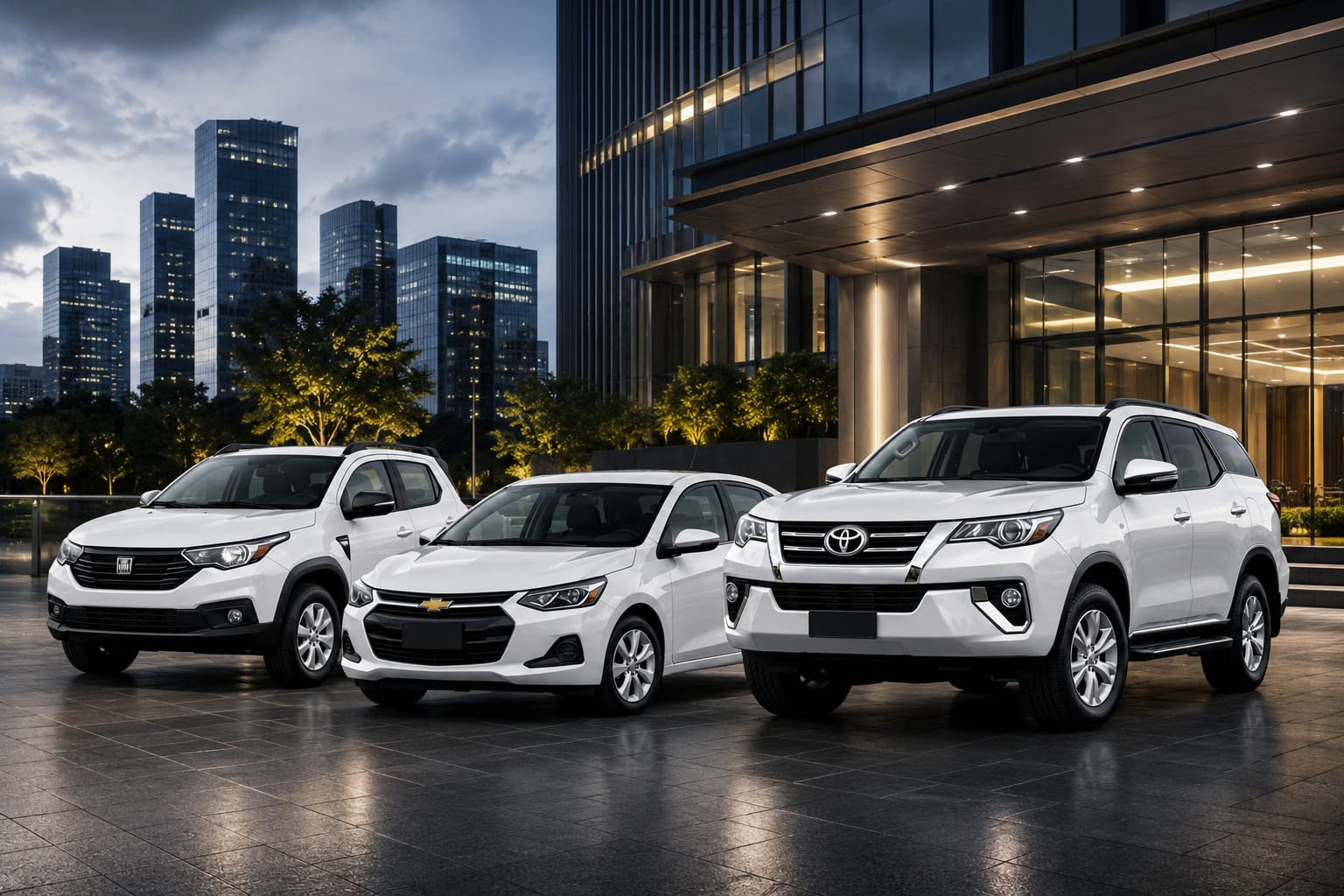 Carros brancos da frota alinhados em frente à empresa
